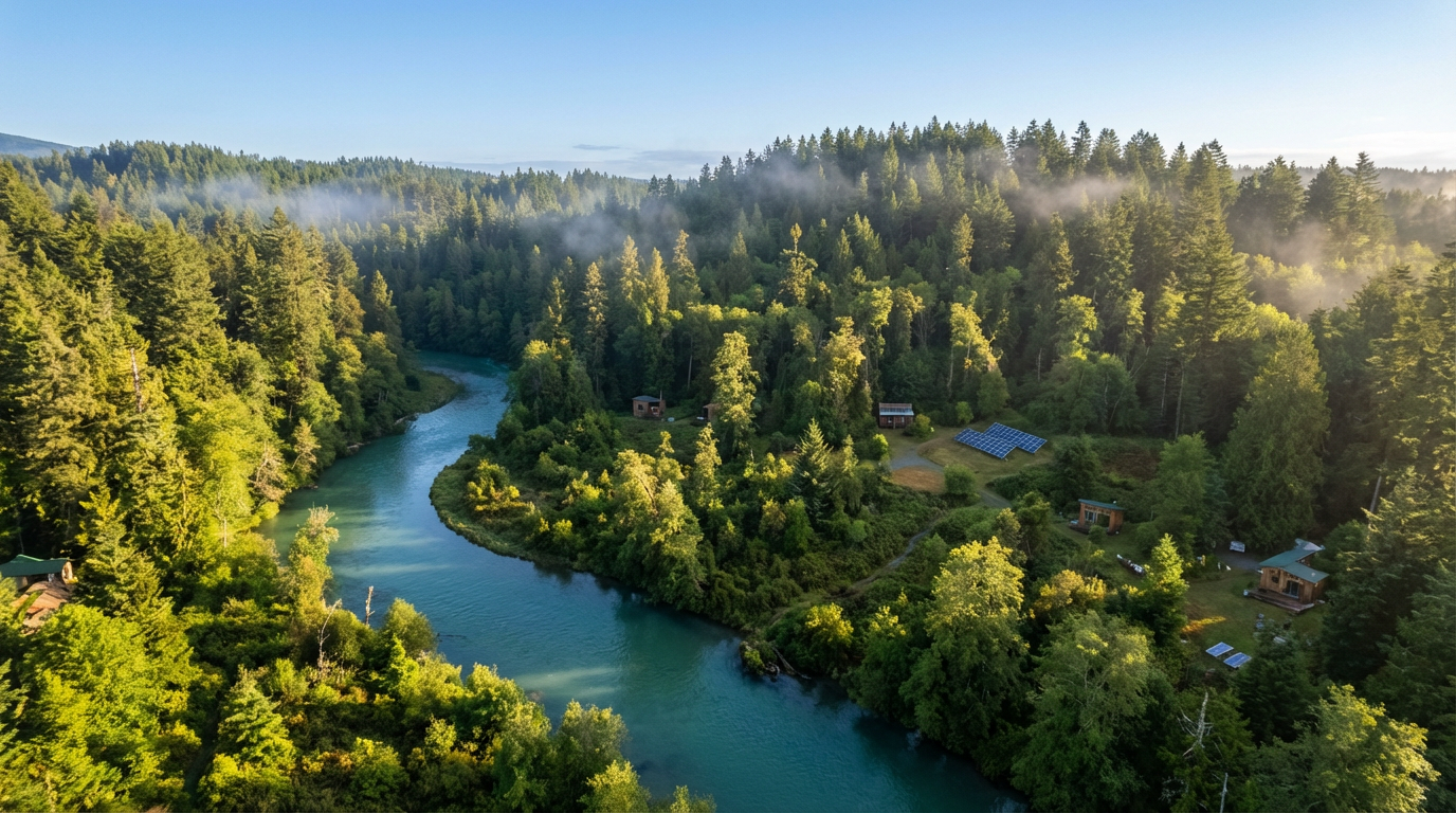 Luftaufnahme eines grünen Waldes mit Fluss - Symbol für Umweltschutz und Nachhaltigkeit